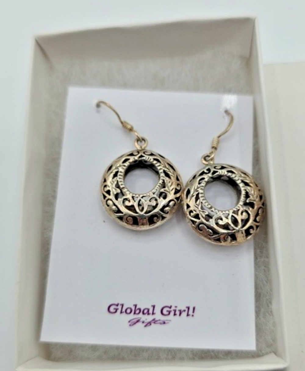 Global Girl Double Disk Etched Silver Earrings